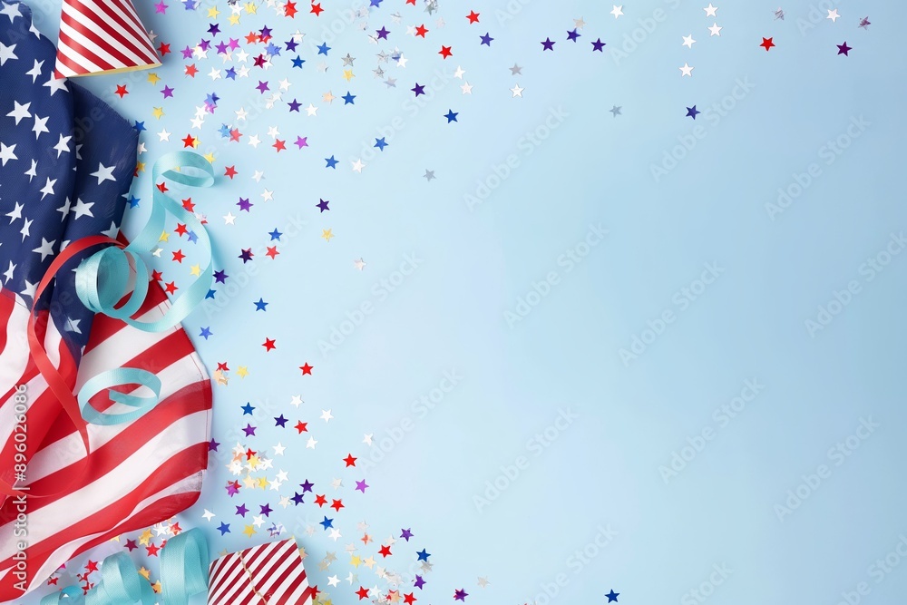 Obraz premium Happy Presidents Day banner mockup with American flags, confetti and ribbon. Independence Day, Labor day, Memorial Day