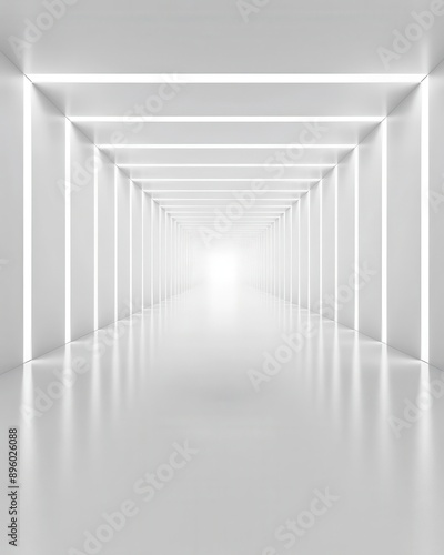 A minimalist, bright corridor with glowing lines and a stark white background, creating an endless perspective and modern aesthetic.