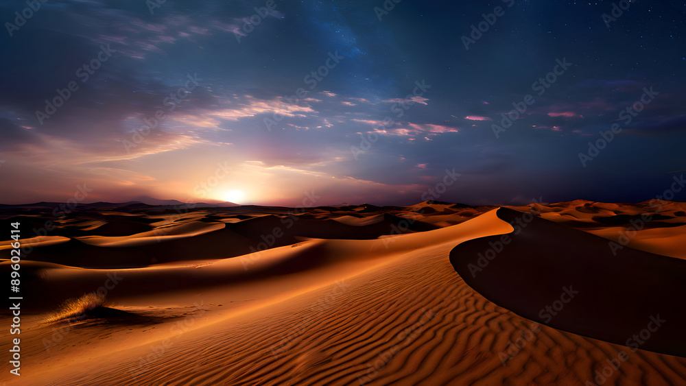 Naklejka premium a-night-desert-scene-with-a-starry-sky-and-moonlight-illuminating-the-sand-dunes