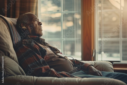 Elderly Man with Portable Heart Monitor Reflects Peacefully by the Window - Health Care Concept