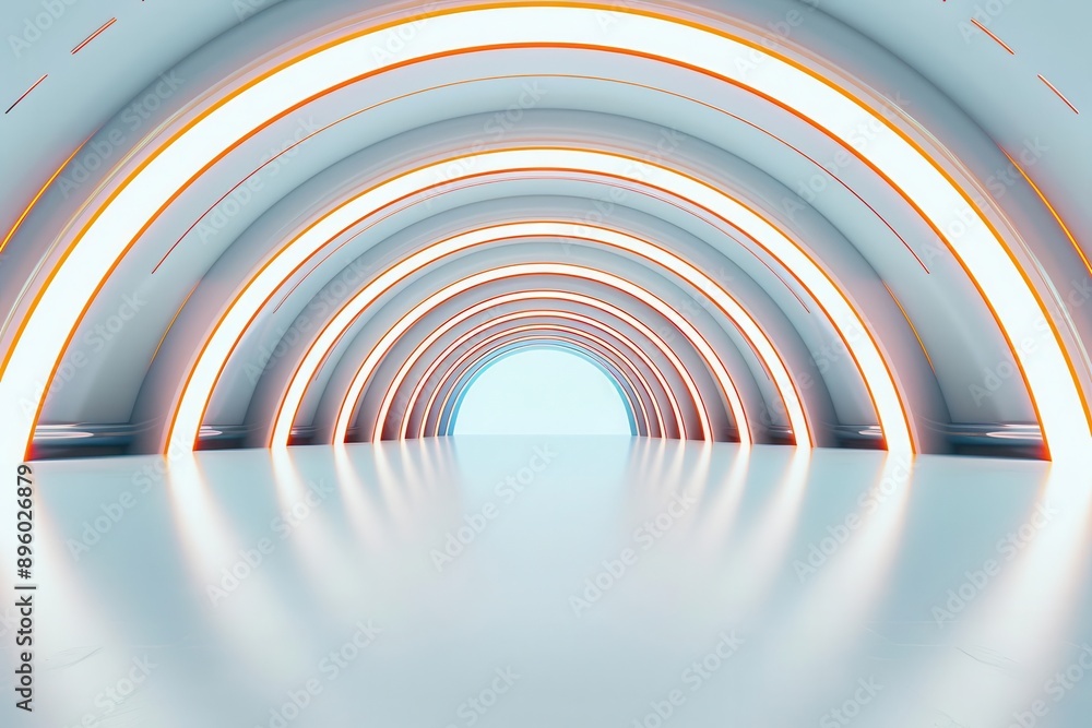 Fototapeta premium Futuristic tunnel interior with glowing arches and reflective floor creating a sense of depth and innovation.