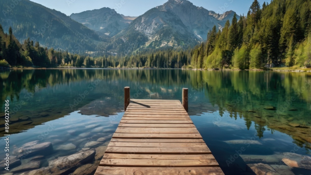 A tranquil scene featuring a wooden pier extending into a crystal-clear mountain lake, surrounded by lush forests and towering peaks, reflecting the serene beauty of nature. A tranquil scene featuring a wooden pier extending into a crystal-clear mountain lake, surrounded by lush forests and towering peaks, reflecting the serene beauty of nature.