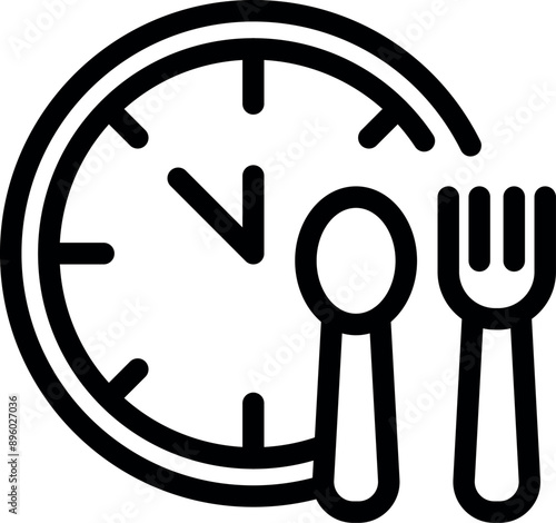 Simple icon of a clock with a fork and spoon, representing lunch time