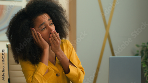 Принти на полотні Exhausted unwell sad business woman female African American girl manager employe