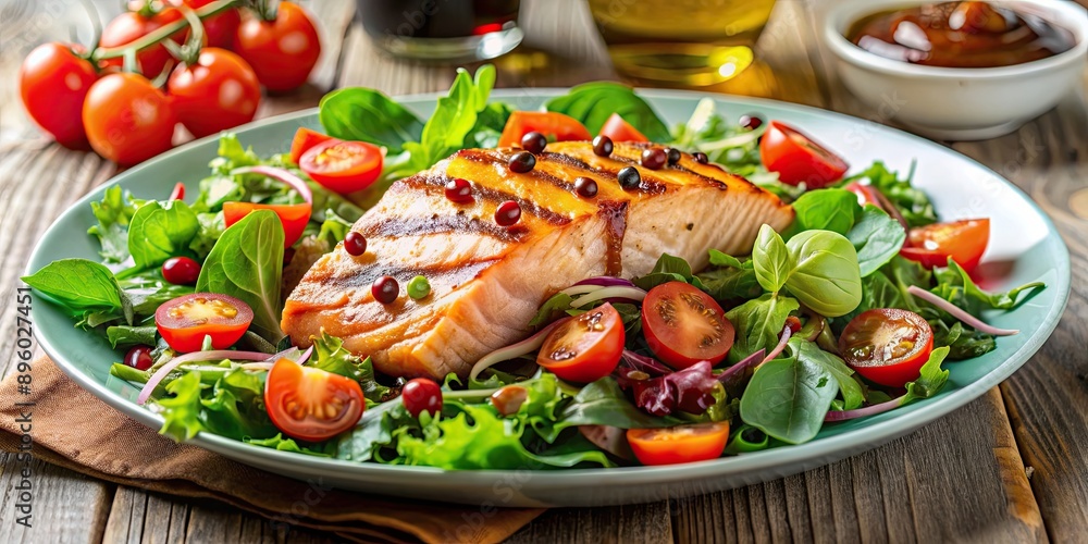 Fresh and healthy salmon salad with mixed greens, tomatoes, and balsamic vinaigrette dressing, salmon Fresh and healthy salmon salad with mixed greens, tomatoes, and balsamic vinaigrette dressing, salmon