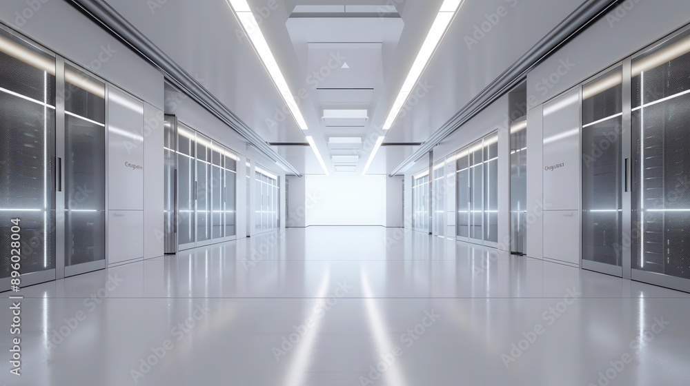 A modern, spacious corridor with reflective floors and ambient lighting leading to a bright exit, perfect for architectural projects. A modern, spacious corridor with reflective floors and ambient lighting leading to a bright exit, perfect for architectural projects.