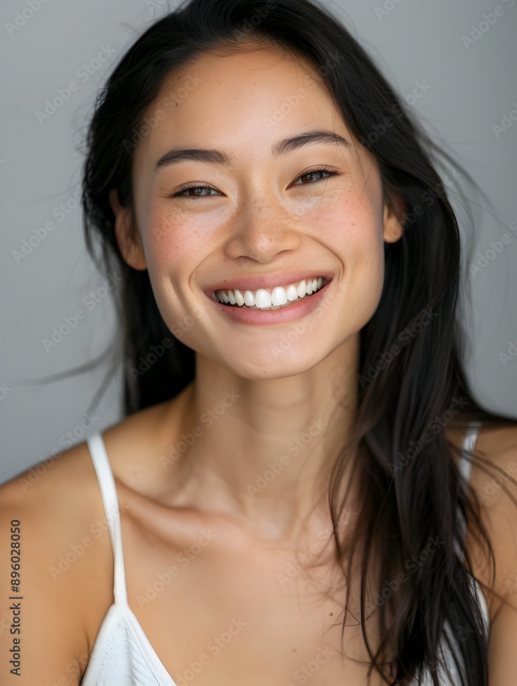 Radiant and Confident Female Portrait with Welcoming Smile in Simple Studio Setting Radiant and Confident Female Portrait with Welcoming Smile in Simple Studio Setting