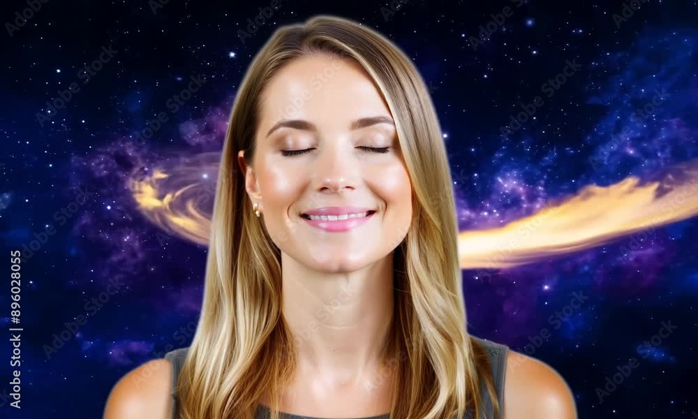 A happy face of a woman against the background of space and the emerging solar bulge. A happy face of a woman against the background of space and the emerging solar bulge.