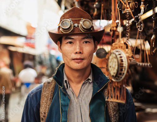 Japanese Man in Outdoors Market Wearing Cosplay Costume in Steampunk Fashion Style photo