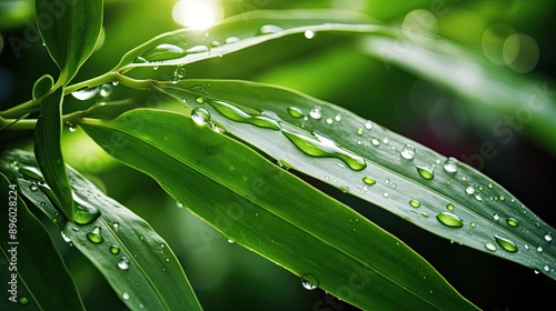 A close-up of dewdrops on bamboo leaves
