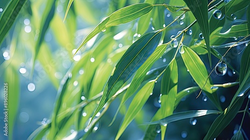 A close-up of dewdrops on bamboo leaves