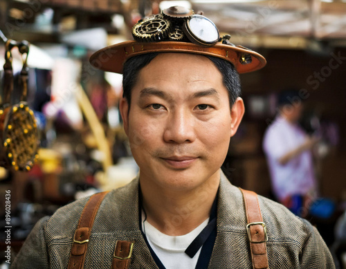 Japanese Man in Outdoors Market Wearing Cosplay Costume in Steampunk Fashion Style photo