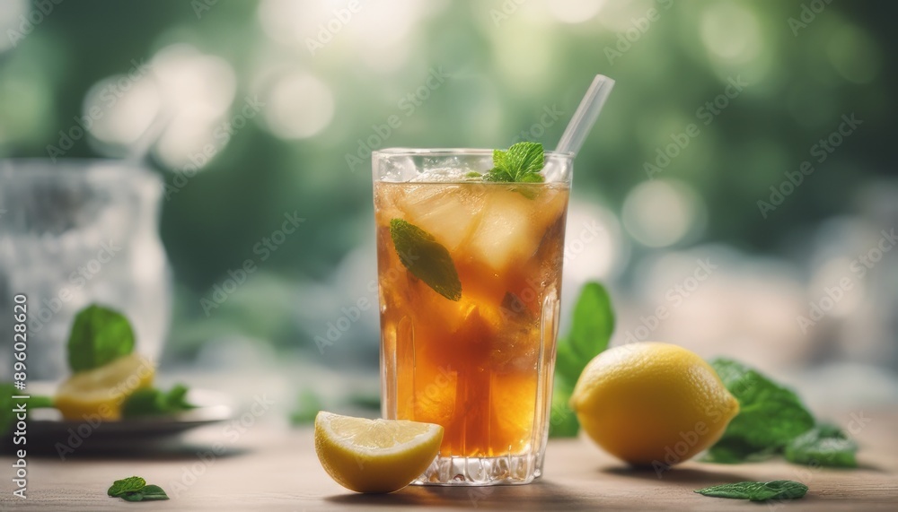 Lemon ice tea on the table with mint Lemon ice tea on the table with mint