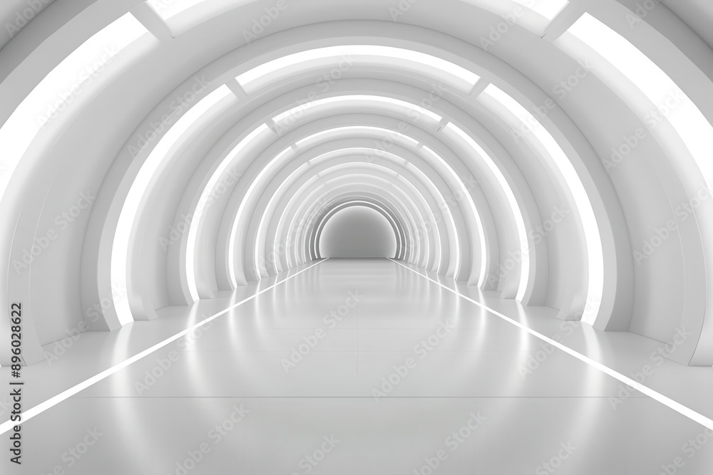 Naklejka premium Futuristic corridor with glowing light, creating an airy and modern atmosphere suitable for sci-fi themes.