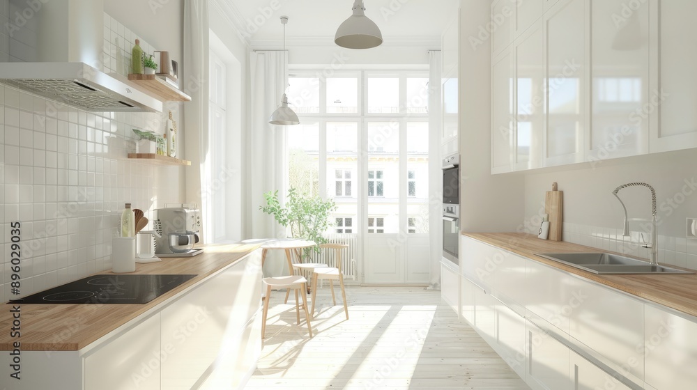 Stylish white kitchen with modern design and bright decor, featuring wood countertops and minimalistic interior elements Stylish white kitchen with modern design and bright decor, featuring wood countertops and minimalistic interior elements