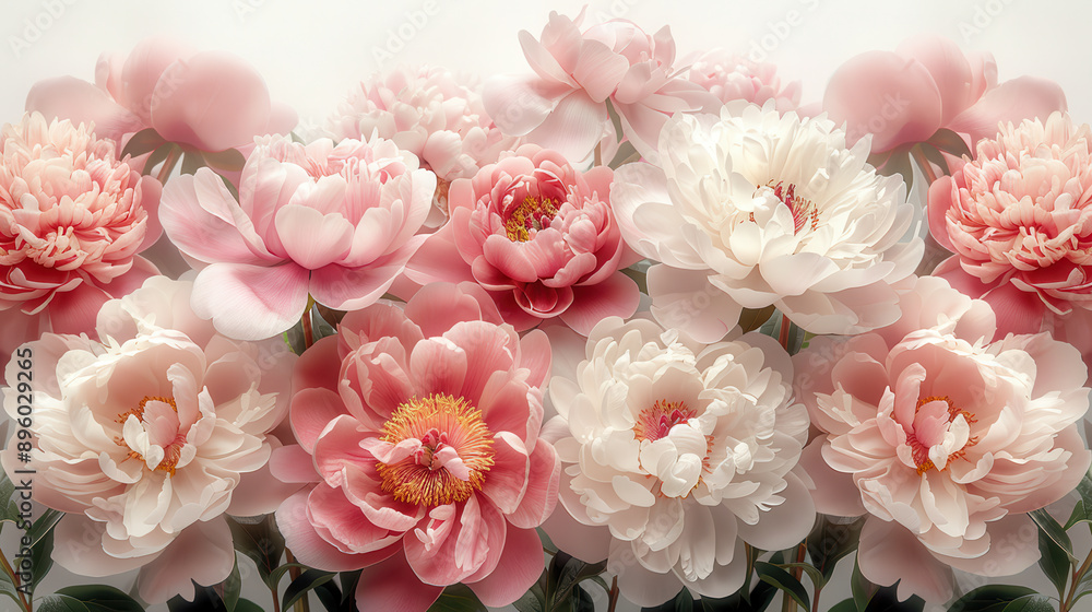 A lush bouquet of pink and white peonies in full bloom, displaying a variety of delicate petals and vibrant centers. A lush bouquet of pink and white peonies in full bloom, displaying a variety of delicate petals and vibrant centers.