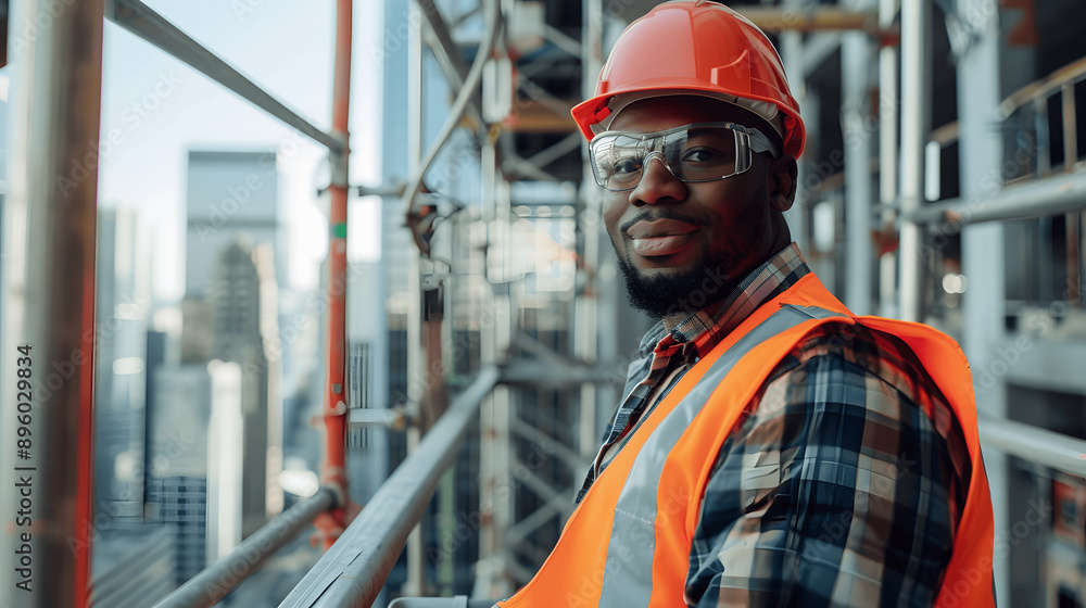 Builder in high-visibility vest standing on scaffolding with city skyline Builder in high-visibility vest standing on scaffolding with city skyline