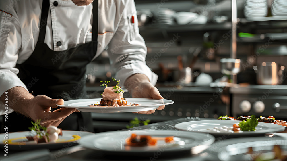 Chef plating elegant dish in contemporary open kitchen Chef plating elegant dish in contemporary open kitchen