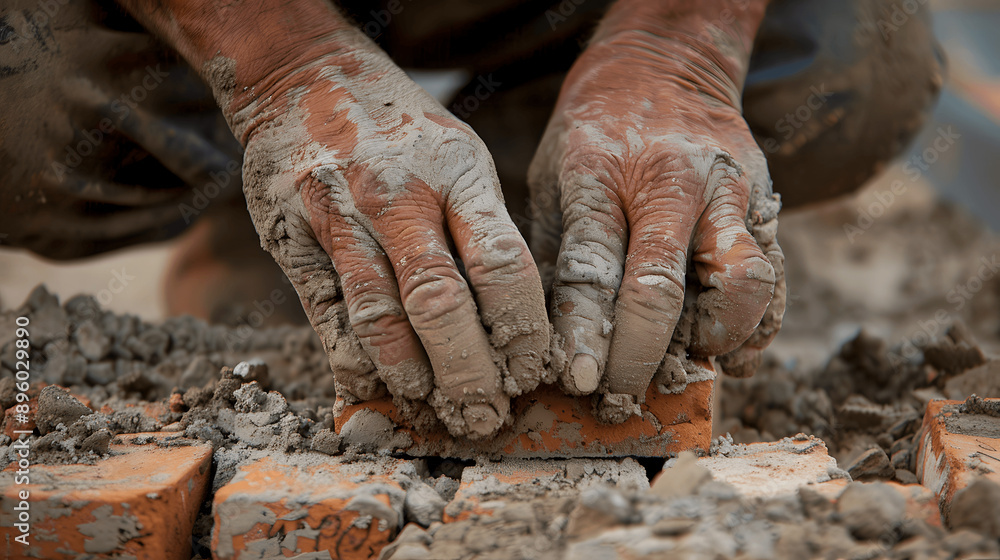 Close-up of builder's hands laying bricks with mortar Close-up of builder's hands laying bricks with mortar