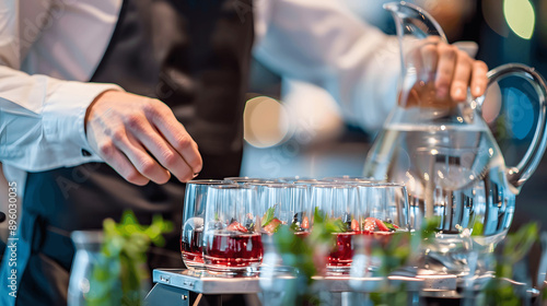 Close-up of hospitality worker's hands preparing welcome drink at reception photo