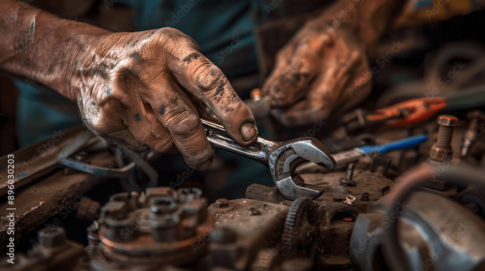 Close-up of mechanic's hands tightening bolts on car chassis Close-up of mechanic's hands tightening bolts on car chassis