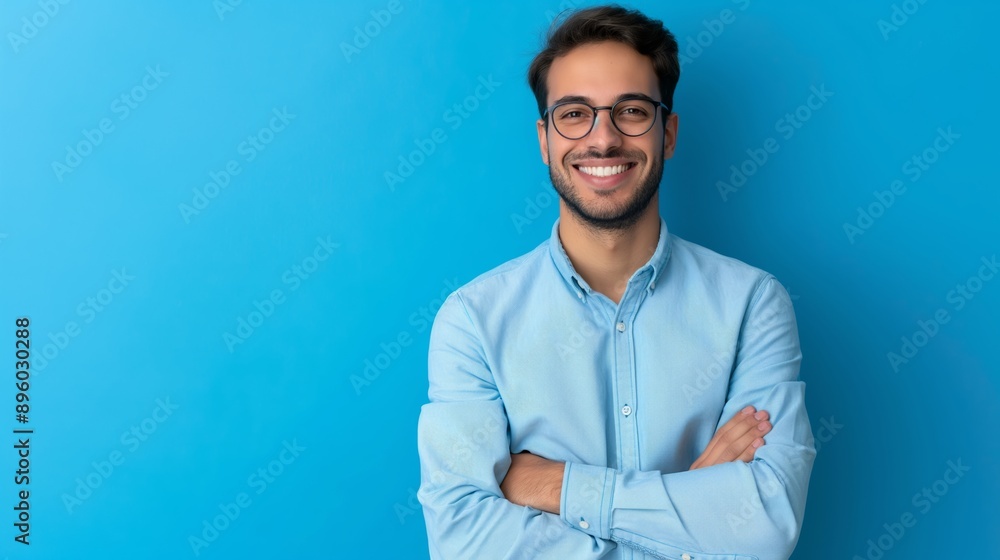 A man with glasses is smiling and standing in front of a blue wall. He is wearing a blue shirt and has his arms crossed A man with glasses is smiling and standing in front of a blue wall. He is wearing a blue shirt and has his arms crossed