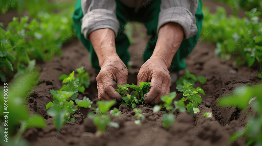 Close-up of agricultural worker's hands planting seedlings in soil Close-up of agricultural worker's hands planting seedlings in soil