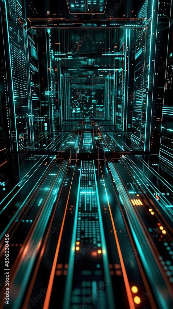 Futuristic digital tunnel with glowing lines, perfect for technology, science fiction, or virtual reality themes. Futuristic digital tunnel with glowing lines, perfect for technology, science fiction, or virtual reality themes.