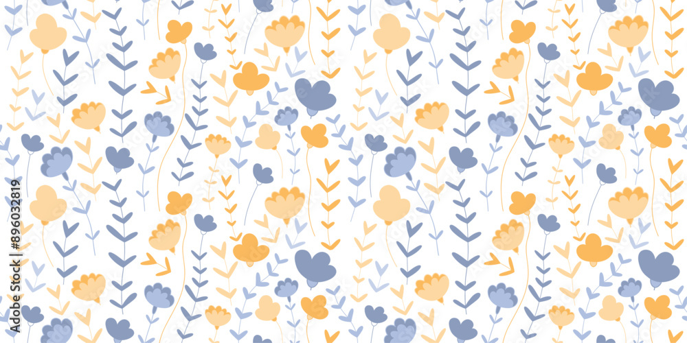 Trendy seamless pattern Wild flowers. Blue-yellow spring flowers and buds. Summer bouquet of flowers. Stylish light print on a white background. Trendy seamless pattern Wild flowers. Blue-yellow spring flowers and buds. Summer bouquet of flowers. Stylish light print on a white background.