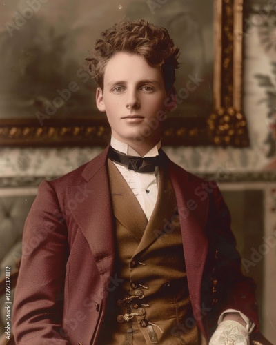 A young man in a stylish suit poses for a vintage portrait