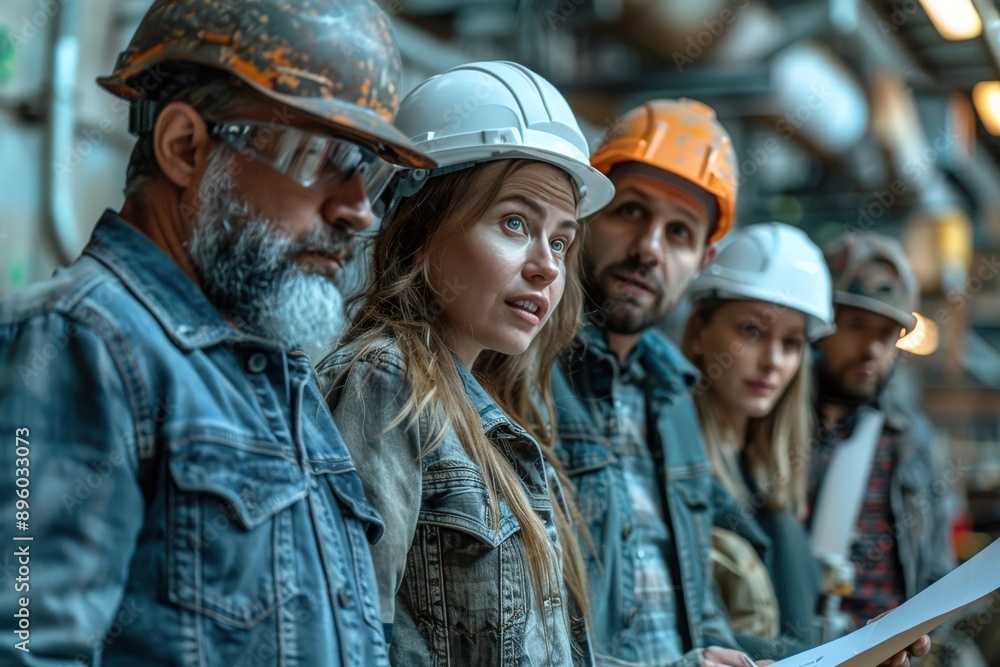 A team of construction workers in a factory setting discussing plans with determination, all wearing hard hats and safety gear, showcasing teamwork and industrial work environment. A team of construction workers in a factory setting discussing plans with determination, all wearing hard hats and safety gear, showcasing teamwork and industrial work environment.
