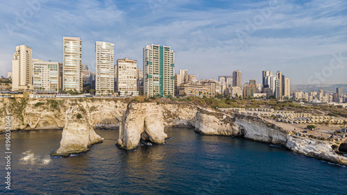 Beirut skyline with modern buildings atop Rawshe Rocks and the Mediterranean Sea