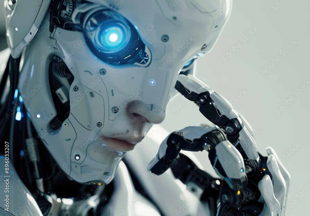 Fototapeta premium The Thoughtful Android: A Close-Up of a Futuristic Robot