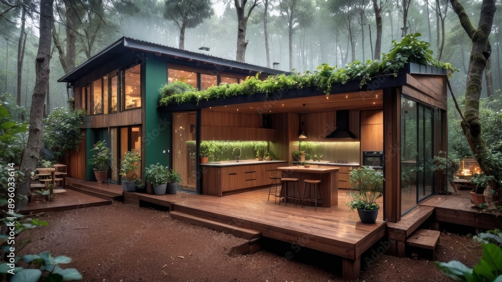 Modern Forest Retreat with Open Kitchen and Lush Greenery Modern Forest Retreat with Open Kitchen and Lush Greenery
