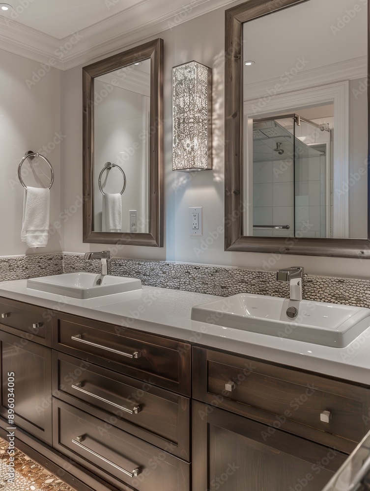 Modern Luxury Bathroom with Double Sink Vanity and Designer Mirror Modern Luxury Bathroom with Double Sink Vanity and Designer Mirror
