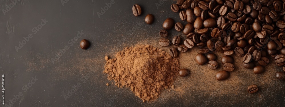Coffee Beans and Ground Coffee on Light Brown Slate with Room for Text Coffee Beans and Ground Coffee on Light Brown Slate with Room for Text