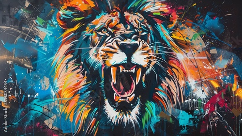 Frontal view of a majestic lion roaring, street art style, vibrant and bold colors, illuminated by dynamic, multi-colored street lights, photorealistic details photo