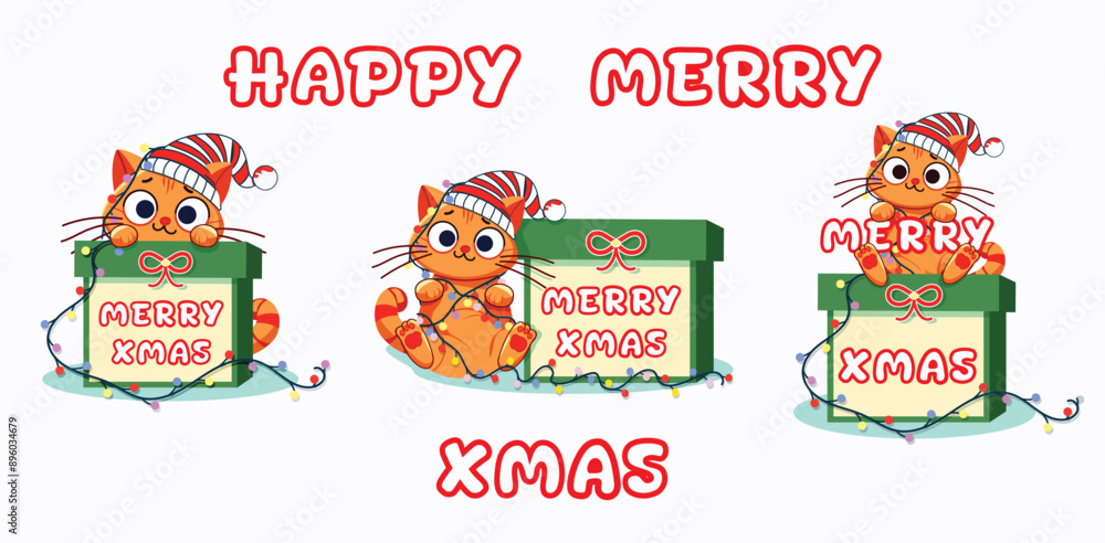 Fototapeta premium Set of greeting card for Merry Christmas and Happy New Year concept on white background. Cute ginger cat in Santa hat playing with garland and a gift box . Vector illustration in flat cartoon style