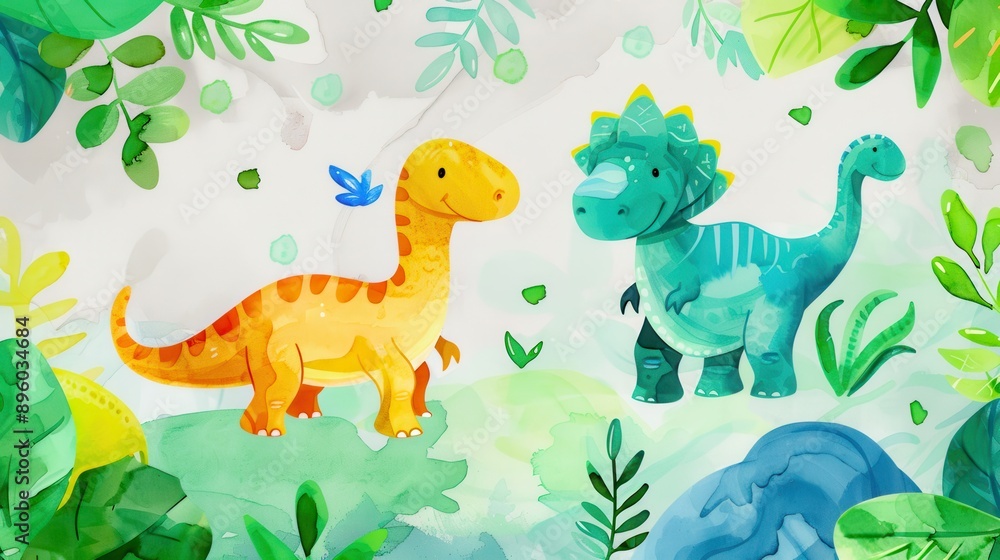 Watercolor illustrations of cute dinosaurs such as T. rex, triceratops, brontosaurus and pterodactyl. Dinosaurs are drawn in bright, vibrant colors, surrounded by simple plant elements and rocks Watercolor illustrations of cute dinosaurs such as T. rex, triceratops, brontosaurus and pterodactyl. Dinosaurs are drawn in bright, vibrant colors, surrounded by simple plant elements and rocks