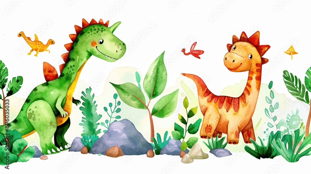 Watercolor illustrations of cute dinosaurs such as T. rex, triceratops, brontosaurus and pterodactyl. Dinosaurs are drawn in bright, vibrant colors, surrounded by simple plant elements and rocks Watercolor illustrations of cute dinosaurs such as T. rex, triceratops, brontosaurus and pterodactyl. Dinosaurs are drawn in bright, vibrant colors, surrounded by simple plant elements and rocks
