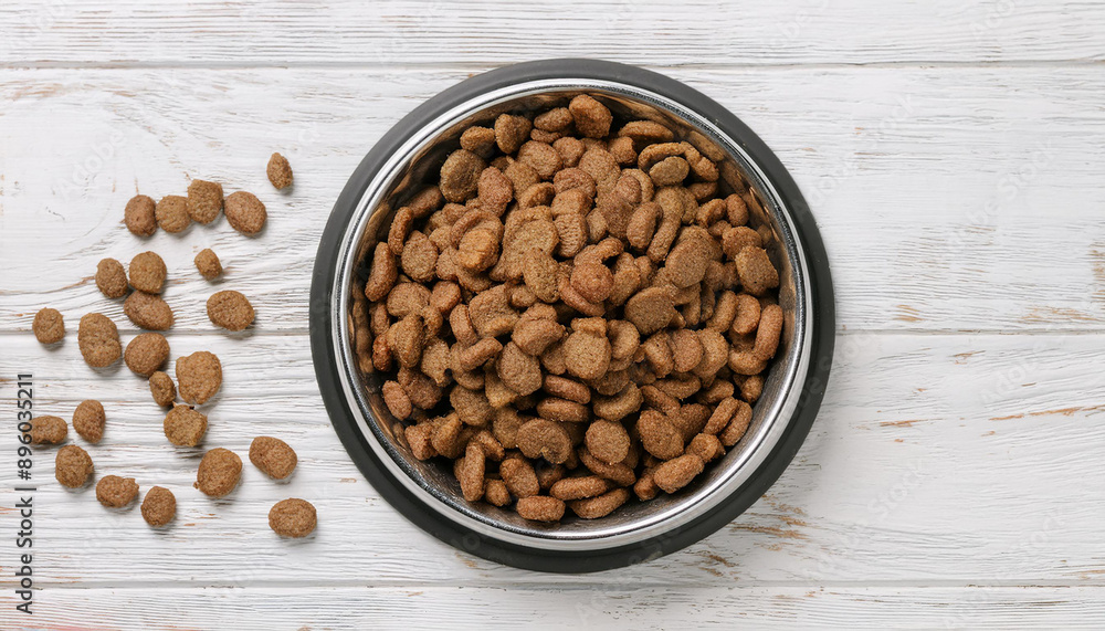Healthy dry pet food in metal bowl on white wooden floor. Dog and cat nutrition. Flat lay. Close-up. Healthy dry pet food in metal bowl on white wooden floor. Dog and cat nutrition. Flat lay. Close-up.