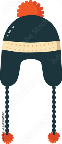 A cozy winter hat with earflaps and pom-poms, perfect for keeping warm during the cold season.