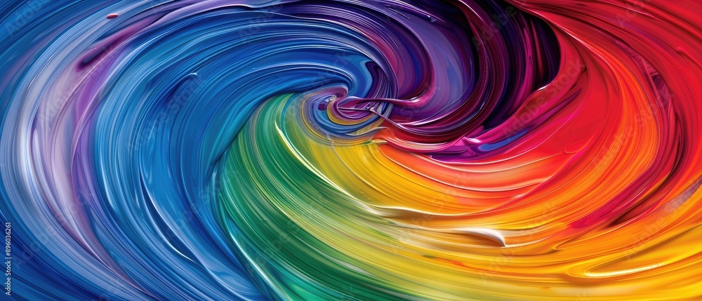 Naklejka premium Vibrant abstract swirl of rainbow colors blending together in a dynamic, artistic pattern. Perfect for creative, colorful designs.