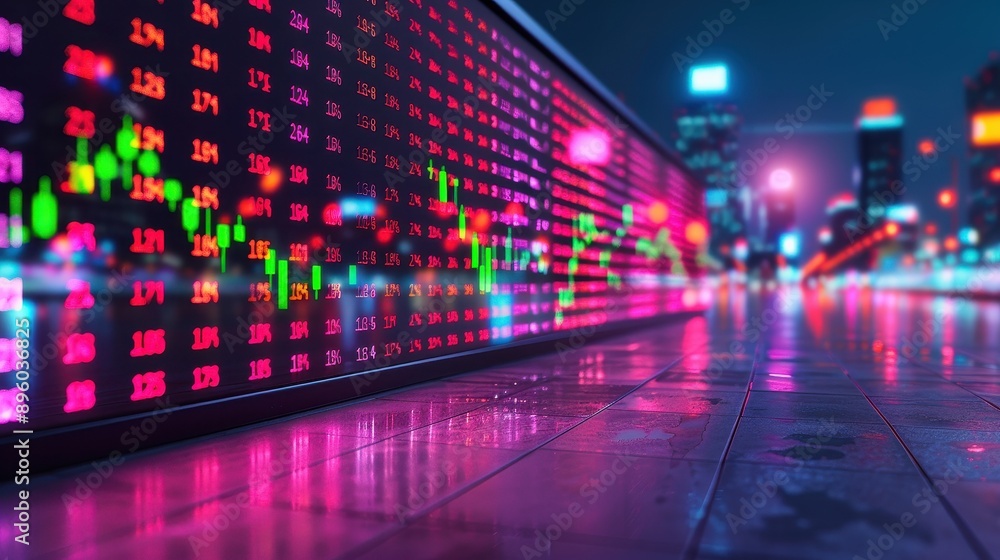 Obraz premium Neon Cityscape with Stock Market Data Display.