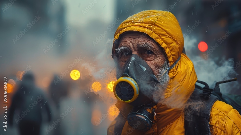 Obraz premium Senior Man Wearing Gas Mask In City Fog.
