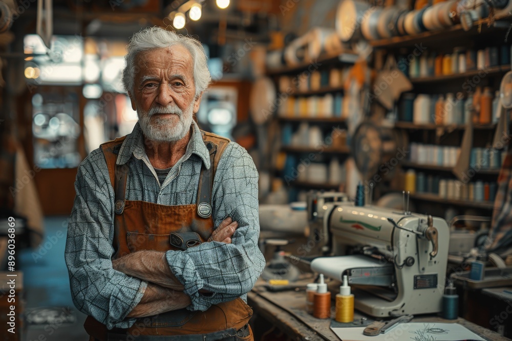 An elderly man with a white beard and wearing an apron stands proudly in his cluttered workshop, with various tools and materials around, representing dedication to his craft. An elderly man with a white beard and wearing an apron stands proudly in his cluttered workshop, with various tools and materials around, representing dedication to his craft.