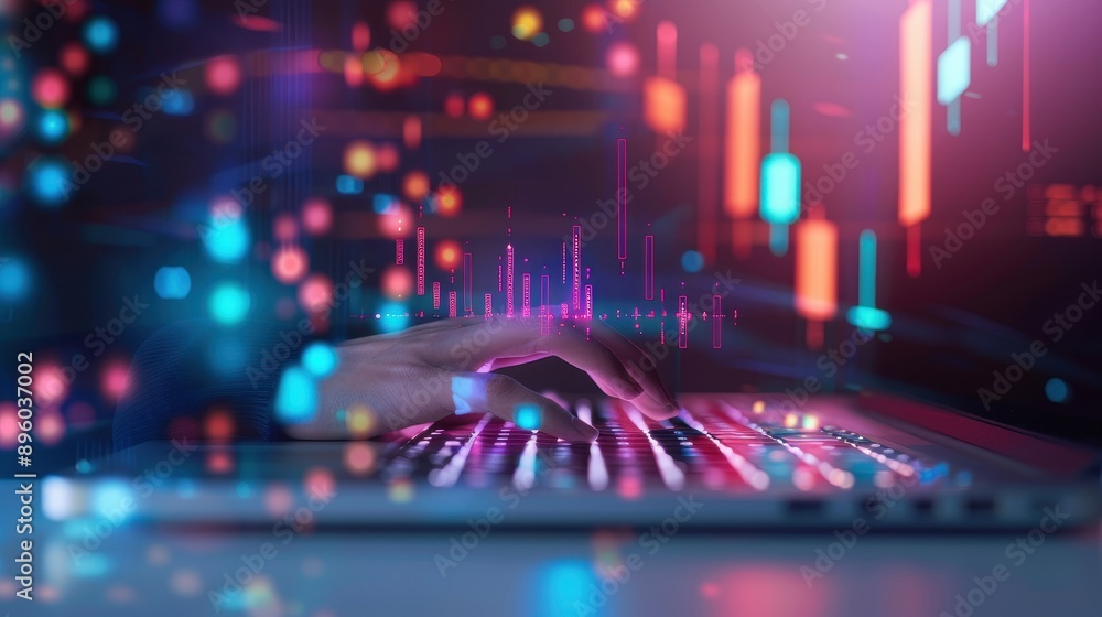 Hands Typing on a Laptop with Abstract Data and Stock Market Charts in the Background. Hands Typing on a Laptop with Abstract Data and Stock Market Charts in the Background.