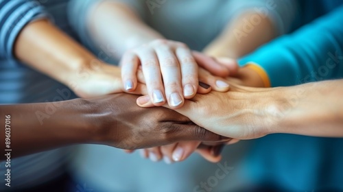 Close-up of hands from different team members coming together in a symbol of unity and collaboration, with a blurred office background