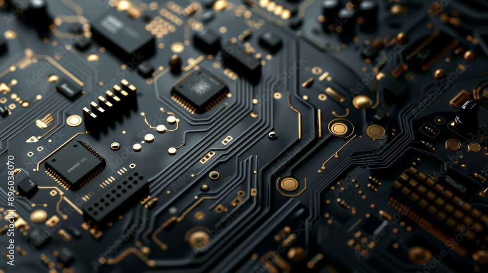 Innovative technology close up of black pcb with gold connectors, horizontal banner design Innovative technology close up of black pcb with gold connectors, horizontal banner design
