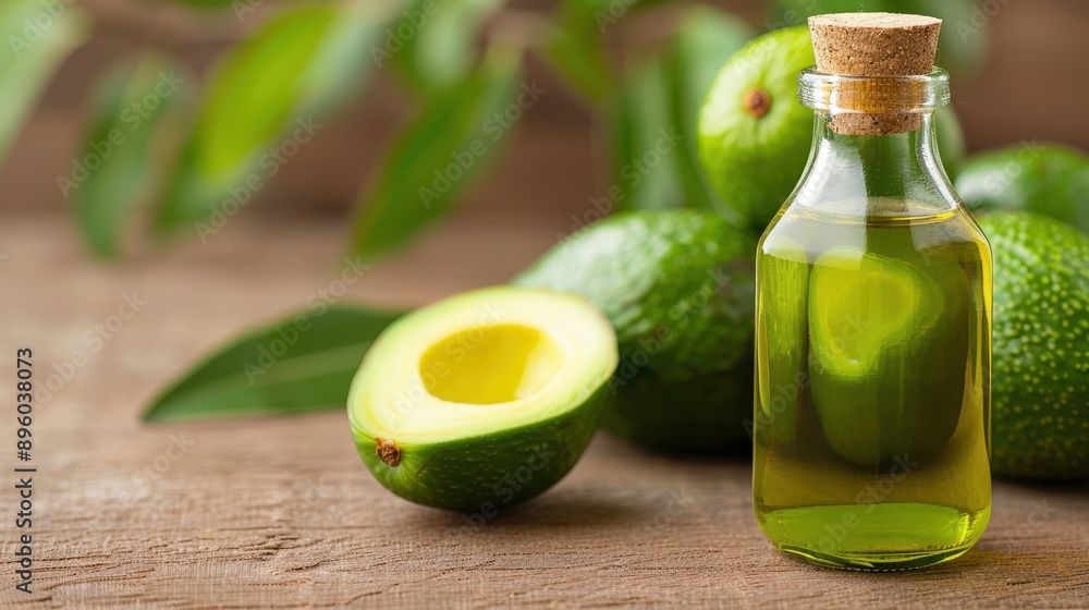 Avocado Oil and Fresh Avocado on Rustic Wood. Avocado Oil and Fresh Avocado on Rustic Wood.